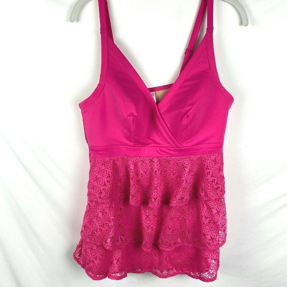 Cacique Swim Tankini Swimsuit Top Pink Crochet